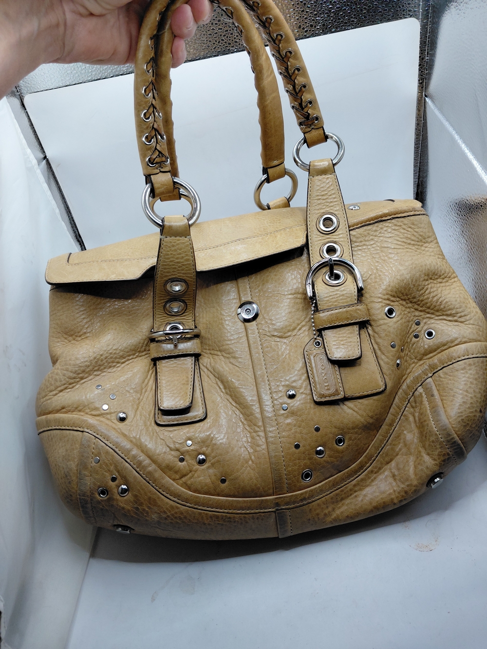 Coach Tan Pebbled Studded Buckle Handbag Medium